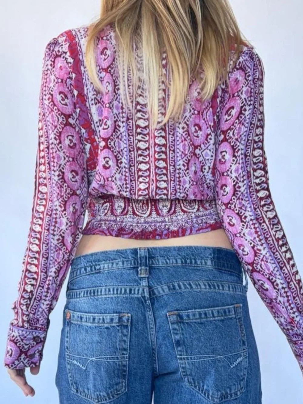Free People Blouse Boho Small Cropped Long Sleeve